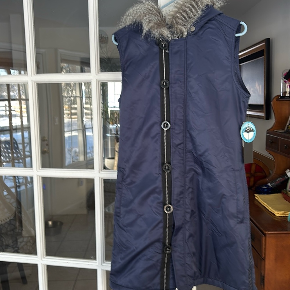 My Anorak Long navy blue Down Vest , zipper and button closure